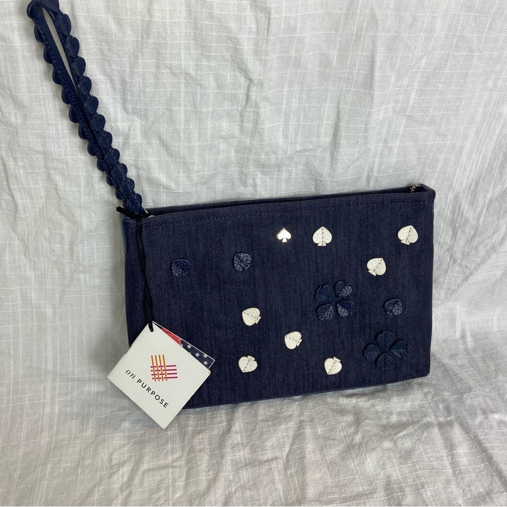Kate Spade “On Purpose” Denim Wristlet – Floral Embroidered, NWT